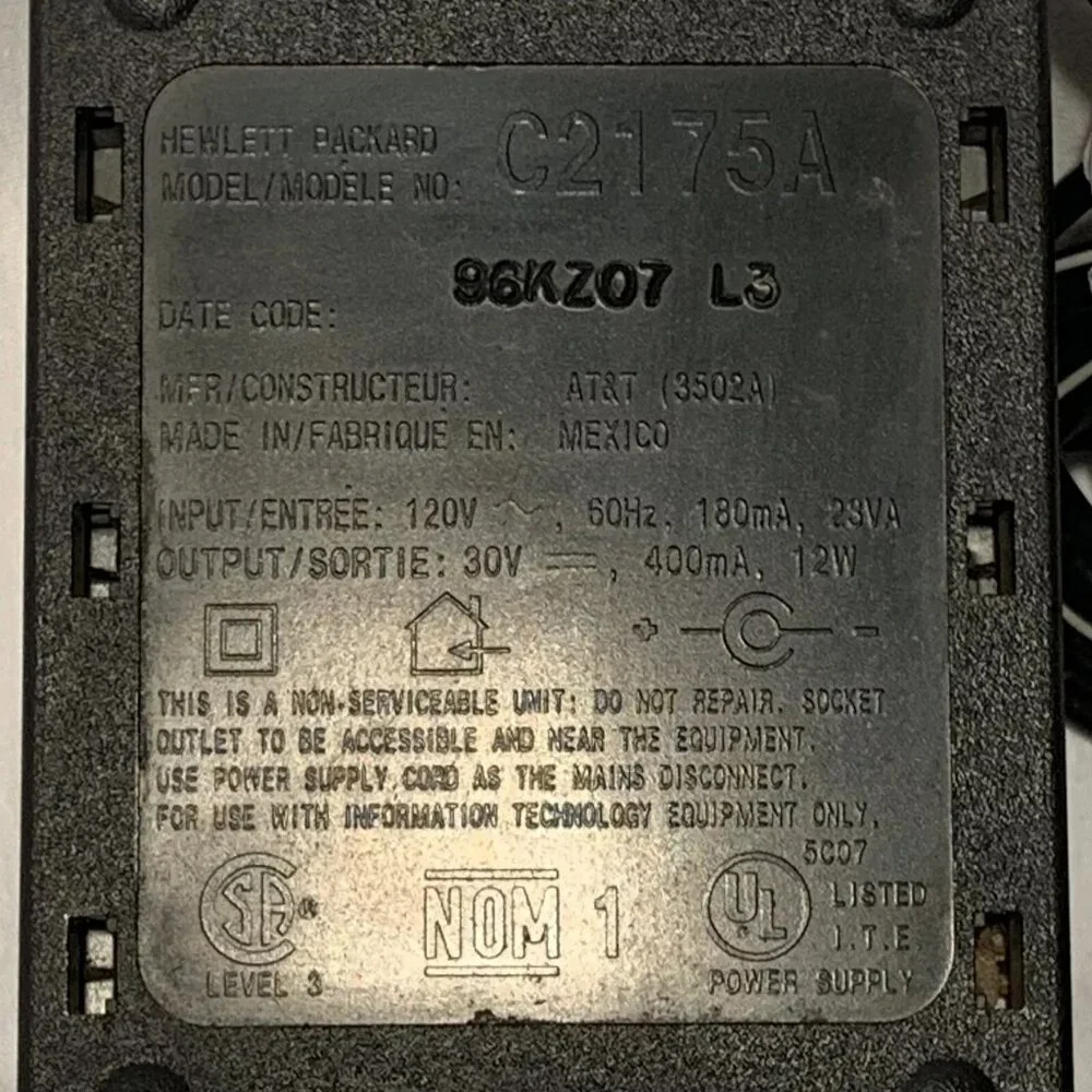 Hewlett Packard AC Adapter Power Supply C2175A 30V 400mA 12W